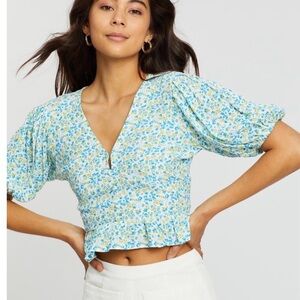 Faithfull The Brand Mona topFloral Puff Sleeve Top - Blue and Yellow